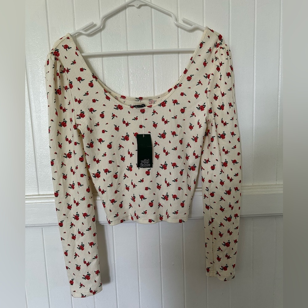 Wild Fable Long Sleeve White Floral Ribbed Shirt